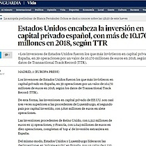 Estados Unidos encabeza la inversin en capital privado espaol, con ms de 10.170 millones en 2018, segn TTR